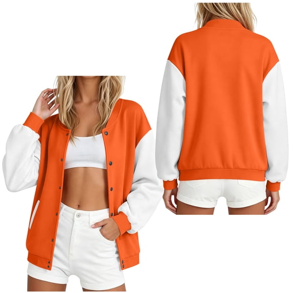 IUYRTFE Women's Color Block Varsity Bomber Jacket Button Down Long Sleeve Casual Baseball Coat with Pockets