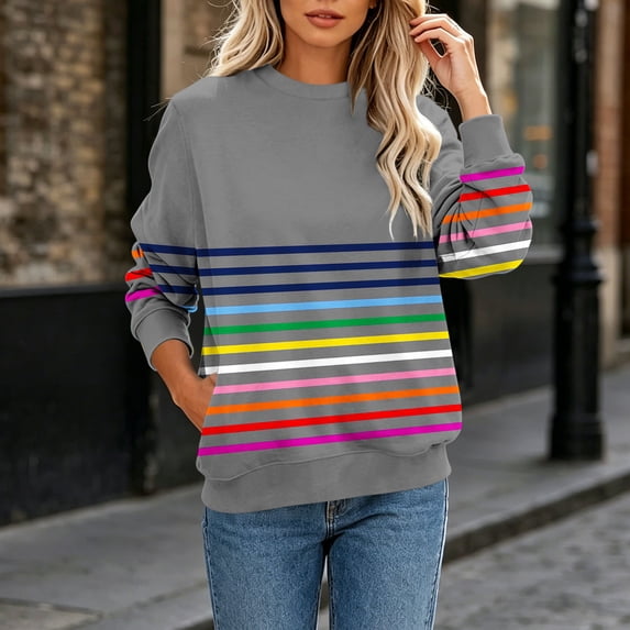 IUYRTFE Women's Colorful Striped Crew Neck Long Sleeve Sweatshirt – Relaxed Fit Casual Pullover for Fall, Winter, and Daily Wear