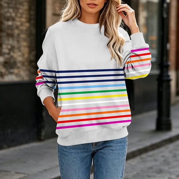 IUYRTFE Women's Colorful Striped Crew Neck Long Sleeve Sweatshirt – Relaxed Fit Casual Pullover for Fall, Winter, and Daily Wear