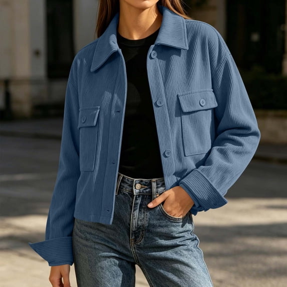 IUYRTFE Women's Corduroy Button Down Jacket Long Sleeve Lapel Collar Casual Coat with Pockets