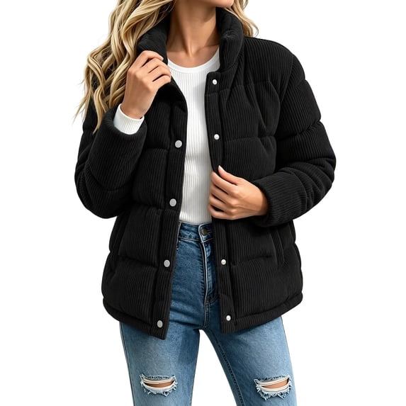 IUYRTFE Women's Corduroy Quilted Coat with Pockets Button Down Stand Collar Winter Warm Outerwear