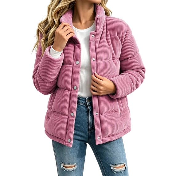 IUYRTFE Women's Corduroy Quilted Coat with Pockets Button Down Stand Collar Winter Warm Outerwear
