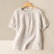 IUYRTFE Womens Cotton-Linen Crew Neck Short Sleeve Loose Fit Top   Solid Color Summer Blouse for Casual Daily Wear