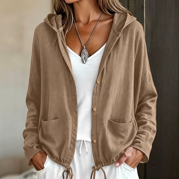 IUYRTFE Women's Cotton Linen Zip Up Hooded Jacket Long Sleeve Relaxed Fit Casual Lightweight Coat