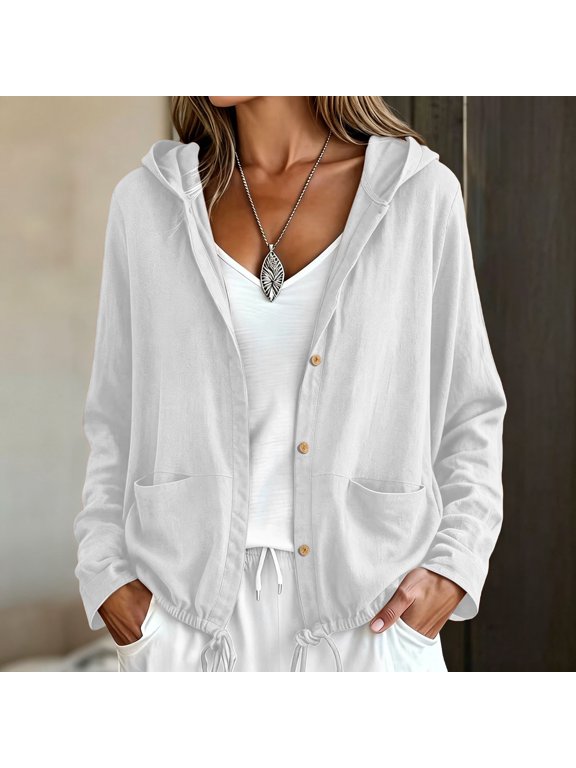 IUYRTFE Women's Cotton Linen Zip Up Hooded Jacket Long Sleeve Relaxed Fit Casual Lightweight Coat