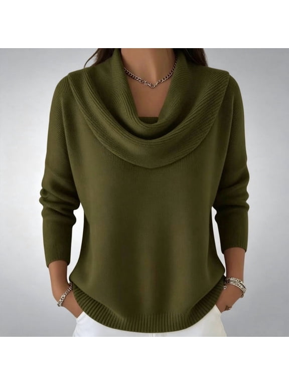 Women's Cowl Neck Long Sleeve Sweater Top Draped Front Solid Color Casual Pullover Blouse
