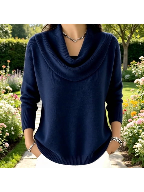 Women's Cowl Neck Long Sleeve Sweater Top Draped Front Solid Color Casual Pullover Blouse