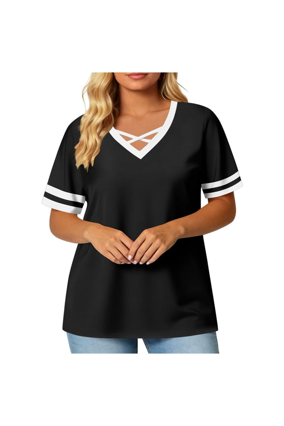 Women's Crisscross Cutout V Neck Striped Cuff Short Sleeve Loose T-Shirt Soft Cotton Summer