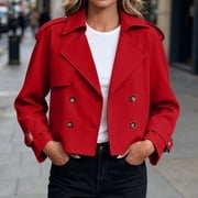 IUYRTFE Womens Cropped Double Breasted Trench Jacket with Pockets Long Sleeve Lapel Collar Casual Short Coat