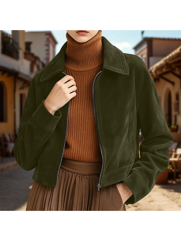 IUYRTFE Women's Cropped Suede Jacket with Lapel Collar and Zipper Front Long Sleeve Faux Suede Coat with Pockets for Fall and Winter
