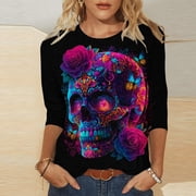 IUYRTFE Womens Day of the Dead Sugar Skull Print Crew Neck 3/4 Sleeve T-Shirt Loose Fit Casual Fall Top