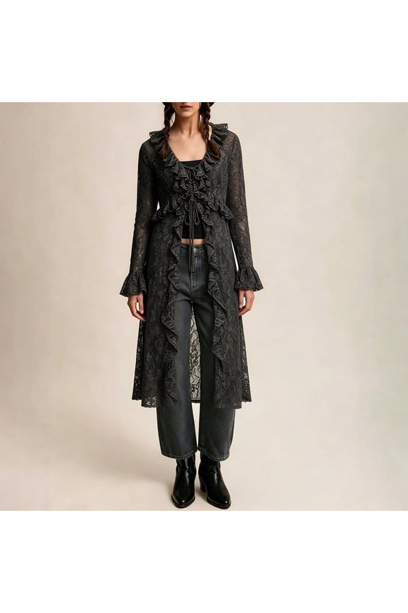 Women's Deep V Neck Lace Cardigan Coat Long Sleeve Belted Waist Sheer Floral Layering Outerwear