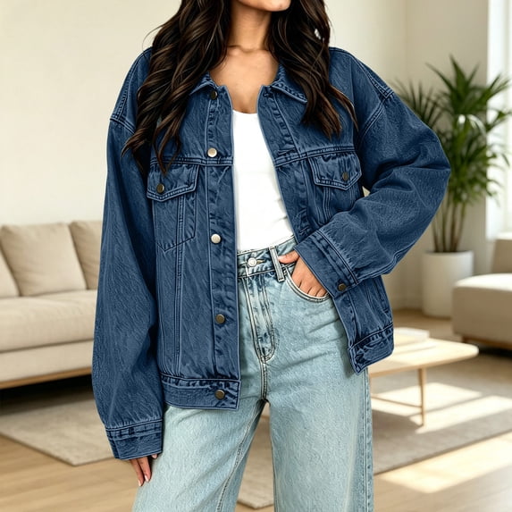 IUYRTFE Women's Denim Jacket Button Down Long Sleeve Lapel Collar Front Pockets Casual Retro Style