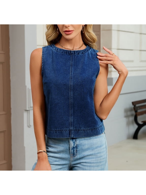 Women's Denim Look Crop Tank Top Crew Neck Sleeveless Center Seam Back Zip Summer – Slim Cotton
