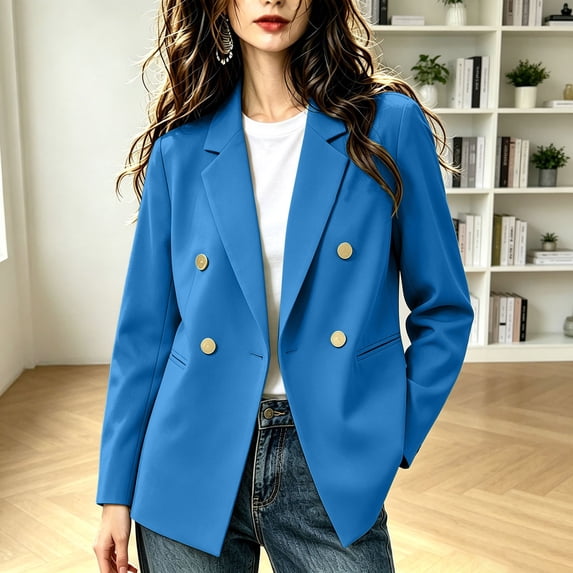 IUYRTFE Women's Double-Breasted Casual Blazer – Long Sleeve Notched Lapel Open Front Jacket with Pockets for Office Work and Daily Wear