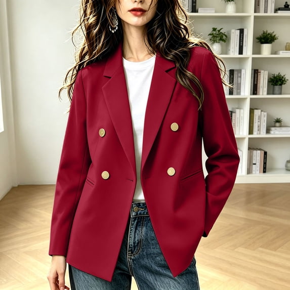 IUYRTFE Women's Double-Breasted Casual Blazer – Long Sleeve Notched Lapel Open Front Jacket with Pockets for Office Work and Daily Wear