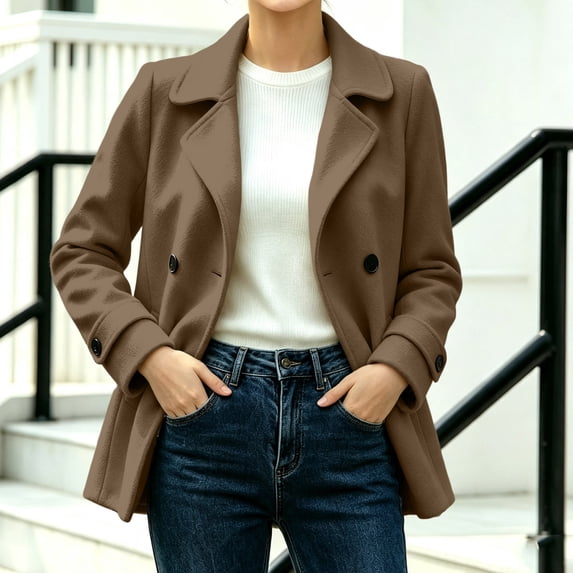 IUYRTFE Women's Double-Breasted Lapel Collar Jacket Long Sleeve Casual Mid-Length Coat