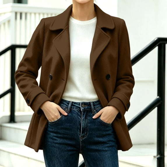 IUYRTFE Women's Double-Breasted Lapel Collar Jacket Long Sleeve Casual Mid-Length Coat