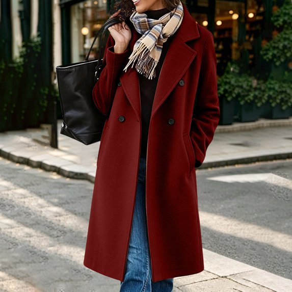 IUYRTFE Women's Double Breasted Long Overcoat Lapel Collar Knee Length Casual Winter Coat with Pockets
