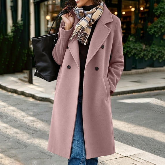 IUYRTFE Women's Double Breasted Long Overcoat Lapel Collar Knee Length Casual Winter Coat with Pockets