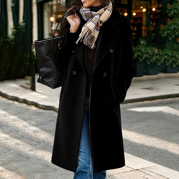 IUYRTFE Women's Double Breasted Long Overcoat Lapel Collar Knee Length Casual Winter Coat with Pockets