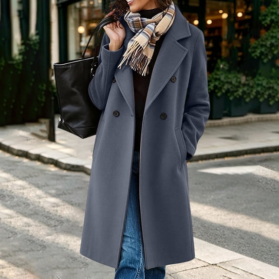 IUYRTFE Women's Double Breasted Long Overcoat Lapel Collar Knee Length Casual Winter Coat with Pockets