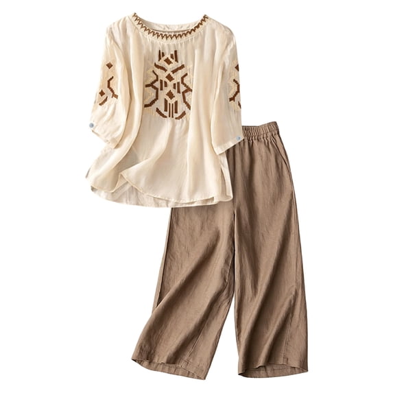 IUYRTFE Women's Embroidered Short Sleeve Top and Cropped Pants Set with Pockets Cotton Linen Blend Casual Two Piece Outfit