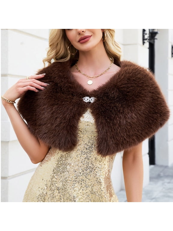 Women's Faux Fur Shawl Wrap, Polyester Loose Fit Winter Warm Cape for Daily Wear