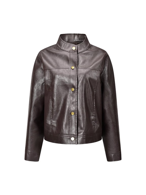 IUYRTFE Women's Faux Leather Button Down Jacket Long Sleeve Stand Collar Short Casual Coat