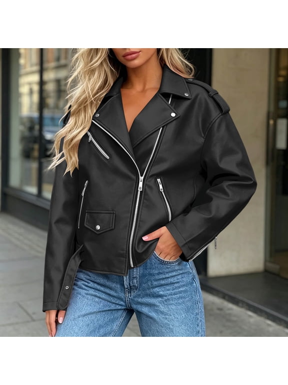 Women's Faux Leather Moto Jacket Zip Up Lapel Collar Motorcycle Biker Coat with Pockets