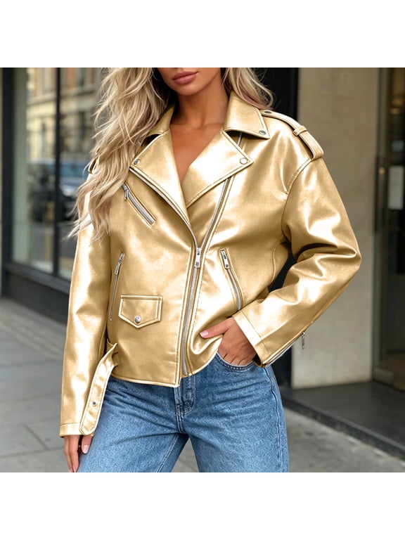 Women's Faux Leather Moto Jacket Zip Up Lapel Collar Motorcycle Biker Coat with Pockets
