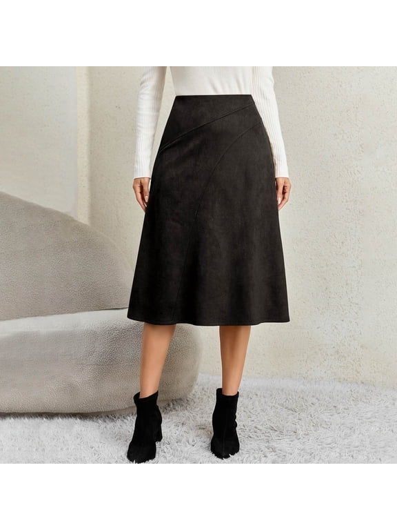IUYRTFE Women's Faux Suede Midi Skirt High Waist Elastic Back A Line Flared Skirt with Zipper