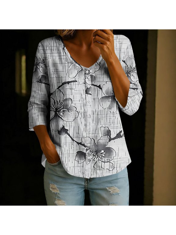 Women's Floral Plum Blossom Grid Print V Neck Button 3/4 Sleeve Peplum Blouse Summer – Soft Rayon Blend, Relaxed Fit, Breathable, Wrinkle Resistant, Daily Wear