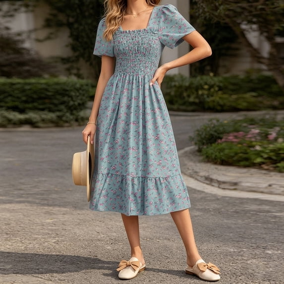 IUYRTFE Women's Floral Square Neck Short Sleeve Ruffle Hem Dress – Slim Waist A-Line Midi Dress for Summer Casual Wear