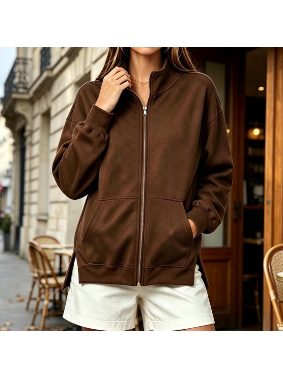 Women's Full-Zip Track Jacket Stand Collar Oversized Casual Side Slit Sweatshirt with Pockets