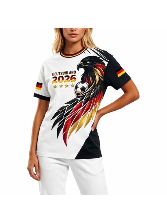 Women's Germany Eagle Soccer Color Block Crew Neck Short Sleeve Fan T-Shirt Loose Soft Cotton Summer