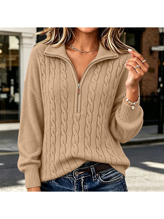 Women's Half-Zip Knit Pullover Acrylic Regular Fit Cable Ribbed Long Sleeve for Daily Wear