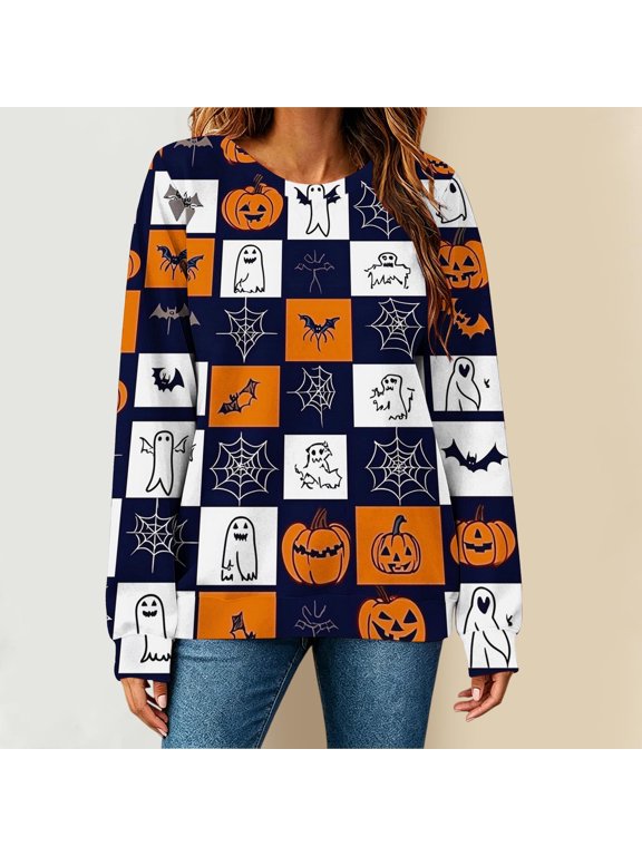 Women's Halloween Checkered Print Crew Neck Long Sleeve Top – Festive Casual Pullover for Fall Parties and Daily Wear