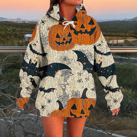 IUYRTFE Women's Halloween Pumpkin Bat Print Hooded Sweatshirt Long Sleeve Drawstring Casual Pullover Top