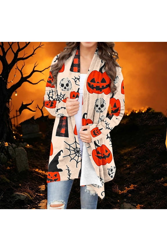 Women's Halloween Pumpkin Skull Print Open Front Long Cardigan Lightweight Casual Fall Layering Top