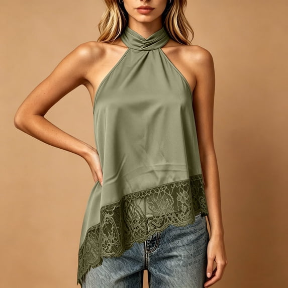 IUYRTFE Women's Halter Neck Satin Lace Trim Top Sleeveless Elegant Summer Flowy Blouse