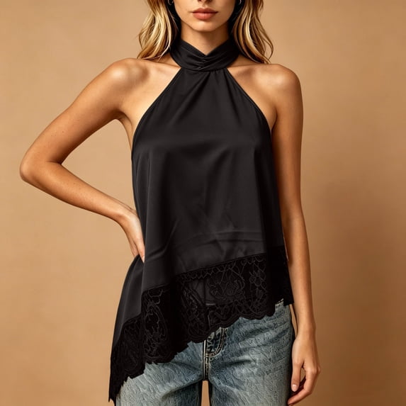 IUYRTFE Women's Halter Neck Satin Lace Trim Top Sleeveless Elegant Summer Flowy Blouse