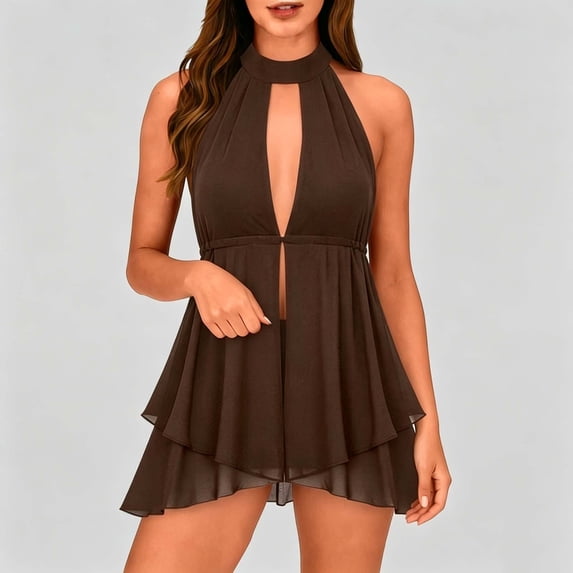 IUYRTFE Women's Halter Neck Sleeveless Tiered Ruffle Mini Dress Solid Color Summer Casual Loose Fit Top