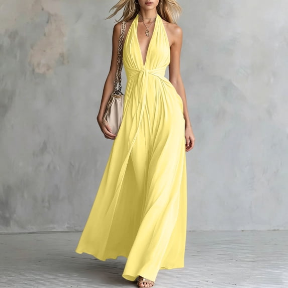 IUYRTFE Women's Halter V-Neck Backless Maxi Dress – Elegant Sleeveless Floor-Length Gown with Pleated Waist for Evening Parties and Summer Weddings