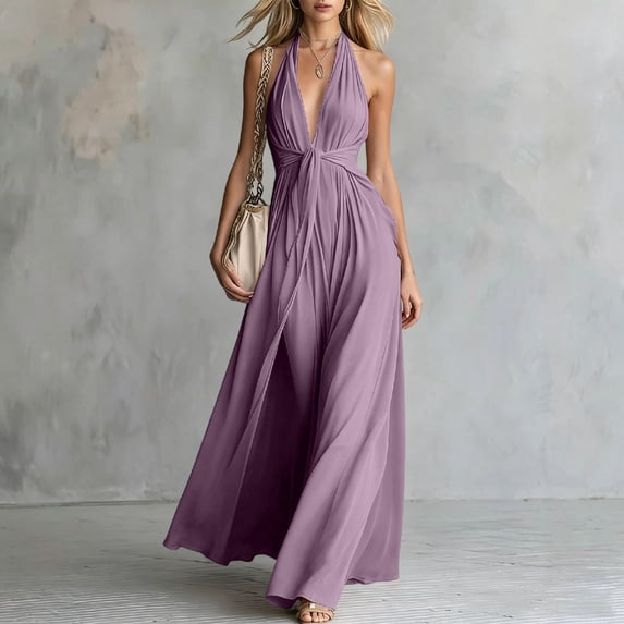 IUYRTFE Women's Halter V-Neck Backless Maxi Dress – Elegant Sleeveless Floor-Length Gown with Pleated Waist for Evening Parties and Summer Weddings