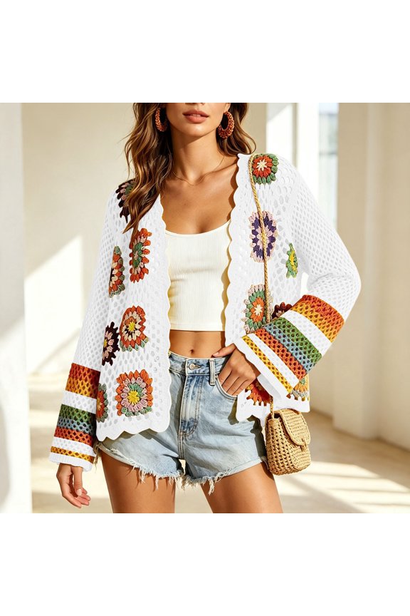 Women's Hand Crochet Knit Cardigan Open Front Boho Style Long Sleeve Colorful Patterned Jacket