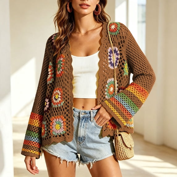 IUYRTFE Women's Hand Crochet Knit Cardigan Open Front Boho Style Long Sleeve Colorful Patterned Jacket