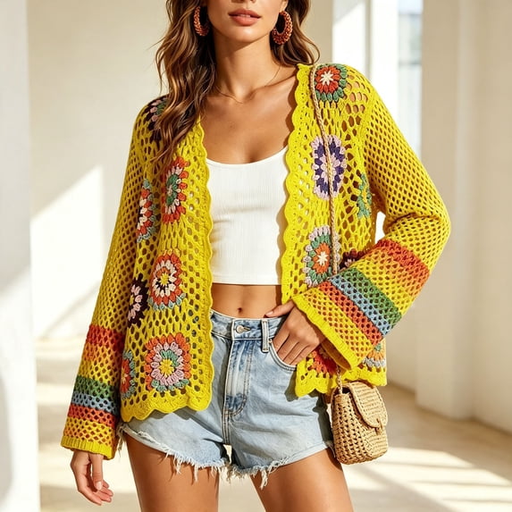 IUYRTFE Women's Hand Crochet Knit Cardigan Open Front Boho Style Long Sleeve Colorful Patterned Jacket