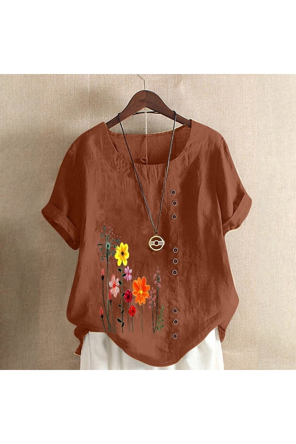 Women's Hand Drawn Wild Floral Botanical Round Neck Rolled Short Sleeve Linen Blouse Loose Cotton