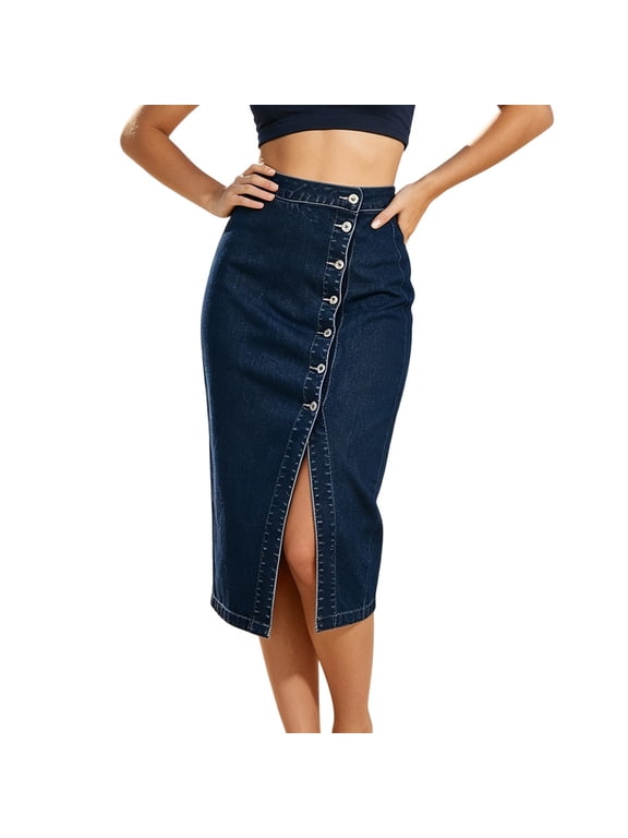 Women's High Rise Button Down Midi Denim Skirt Fitted Front Split Stretch Casual Summer Long Jean Skirt